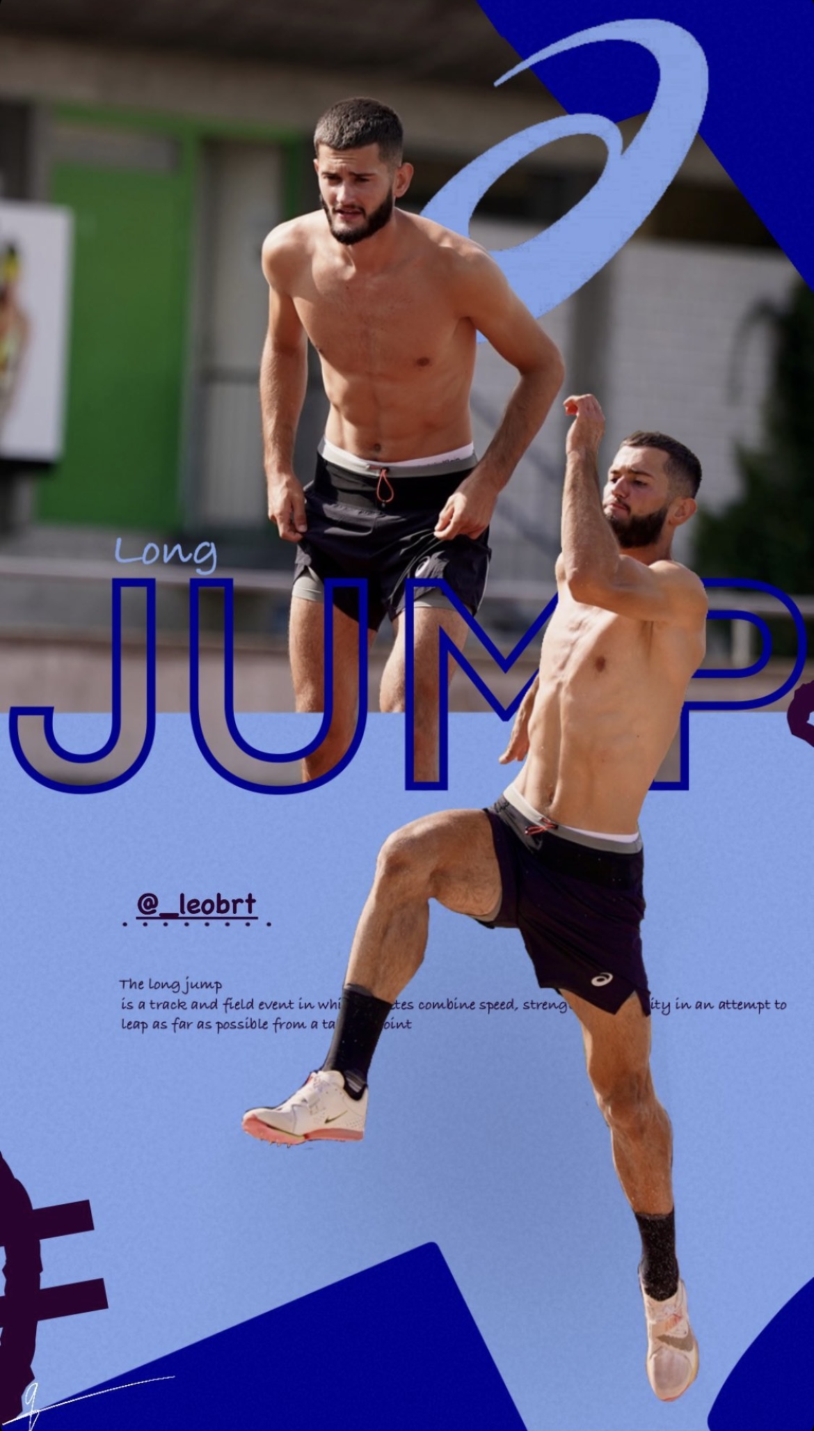 affiche avec les photos d'un entrainement de saut en longueur d'un athlète, avant sa course, et lors de son saut. Avec son nom, et un titre imposant "Long JUMP"